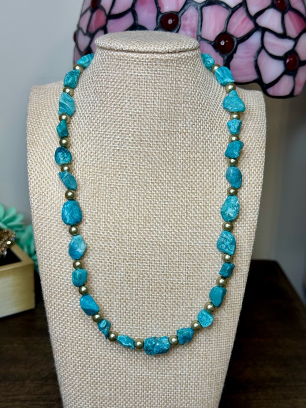 Faux Turquoise and Silver Bead Strand Necklace